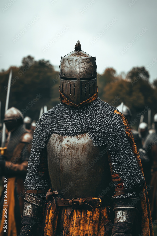 Medieval knight wearing chainmail armor and helmet and other warriors in background. Army of soldiers ready for battle Medieval knight wearing chainmail armor and helmet and other warriors in background. Army of soldiers ready for battle