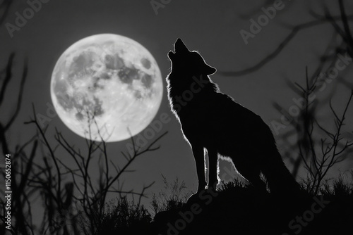 Silhouette of wild wolf howling against full moon in night sky photo