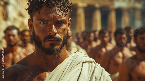 A Greek man in a toga, handsome and very brutal! And there's a whole company of handsome men in the background.