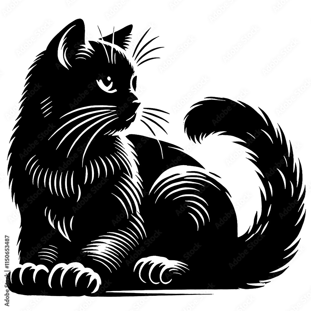 Obraz premium illustration, vector, silhouette, black and white, sketch, logo, icon, art, animal, cat silhouette vector black and white