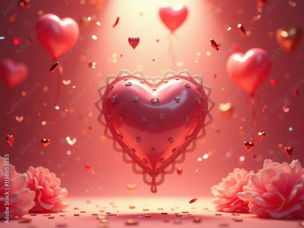 Floating heart decorations create a romantic atmosphere for celebrations and events