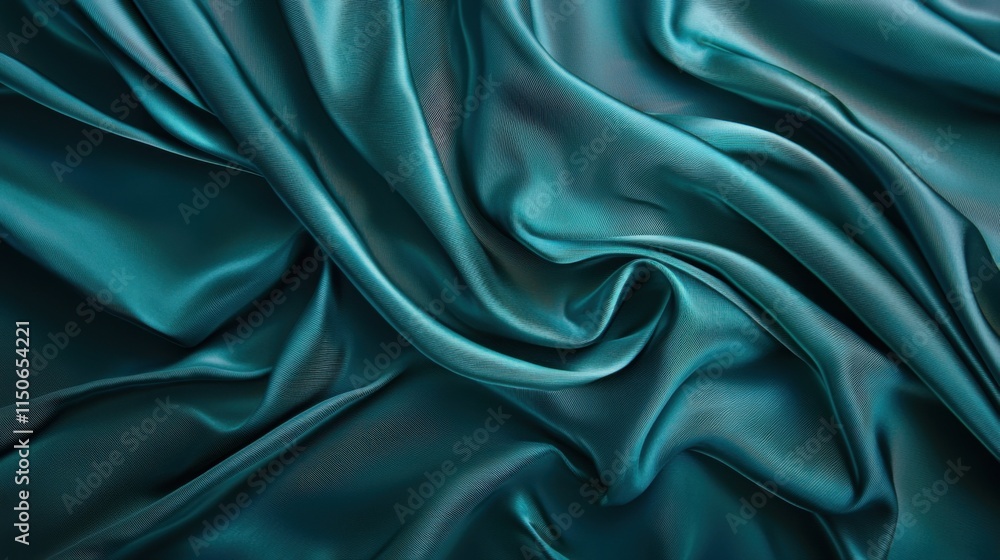 Obraz premium Dark teal emerald green silk satin. Shiny smooth fabric. Soft folds. Luxury background with space for design. web banner. Flat lay, top view table. Birthday, Christmas, Valentine, New year.