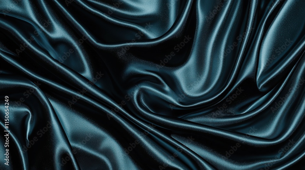 Fototapeta premium Dark teal emerald green silk satin. Shiny smooth fabric. Soft folds. Luxury background with space for design. web banner. Flat lay, top view table. Birthday, Christmas, Valentine, New year.