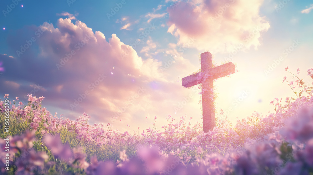 Serene easter scene: a wooden cross surrounded by pink flowers and bathed in the warm glow of the rising sun in a field Serene easter scene: a wooden cross surrounded by pink flowers and bathed in the warm glow of the rising sun in a field