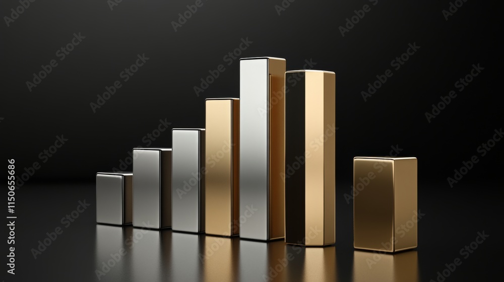 Metallic Bar Graph on Black Background Showing Data Trend Analysis Metallic Bar Graph on Black Background Showing Data Trend Analysis