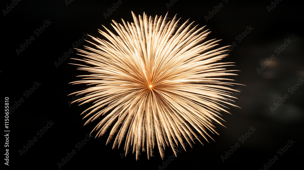 A single golden firework bursts in the night sky, its tendrils sparkling with warm light. The blurred black backdrop fades into soft gradients, emphasizing the brilliance of the ra A single golden firework bursts in the night sky, its tendrils sparkling with warm light. The blurred black backdrop fades into soft gradients, emphasizing the brilliance of the ra