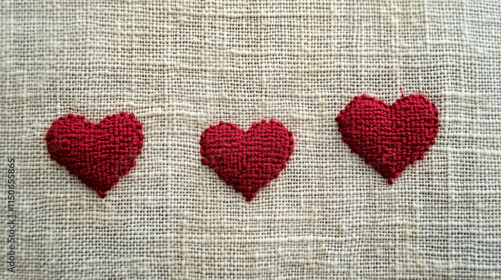 Handcrafted red hearts on white canvas background for romantic and creative designs