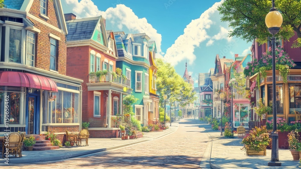 Fototapeta premium Cartoon city street with nice houses and cafe. Vector illustration of town neighborhood, residential district. Brick buildings facade with windows and doors, empty sidewalk and road on sunny morning