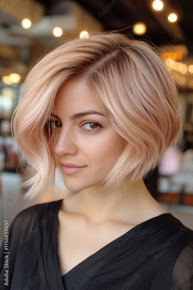 Obraz premium Close-up of a smiling woman with a pink-toned short bob haircut in hair salon.