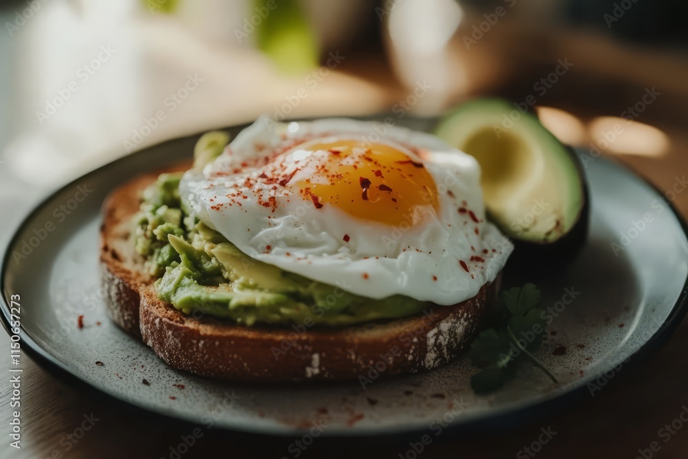 Golden-brown toast with mashed avocado, poached egg, and chili flakes Golden-brown toast with mashed avocado, poached egg, and chili flakes