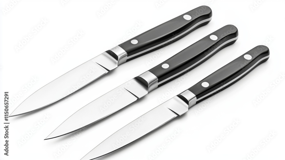 Fototapeta premium Three elegant kitchen knives arranged neatly on a white background. Each knife features a sleek design and a sharp blade. Perfect for culinary enthusiasts. Generative AI