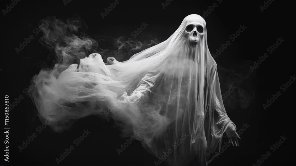Eerie ghost figure with skull face in flowing white fabric against black background. Spooky Halloween horror concept with smoky ethereal effect. Dark atmospheric haunting scene with copy space Eerie ghost figure with skull face in flowing white fabric against black background. Spooky Halloween horror concept with smoky ethereal effect. Dark atmospheric haunting scene with copy space