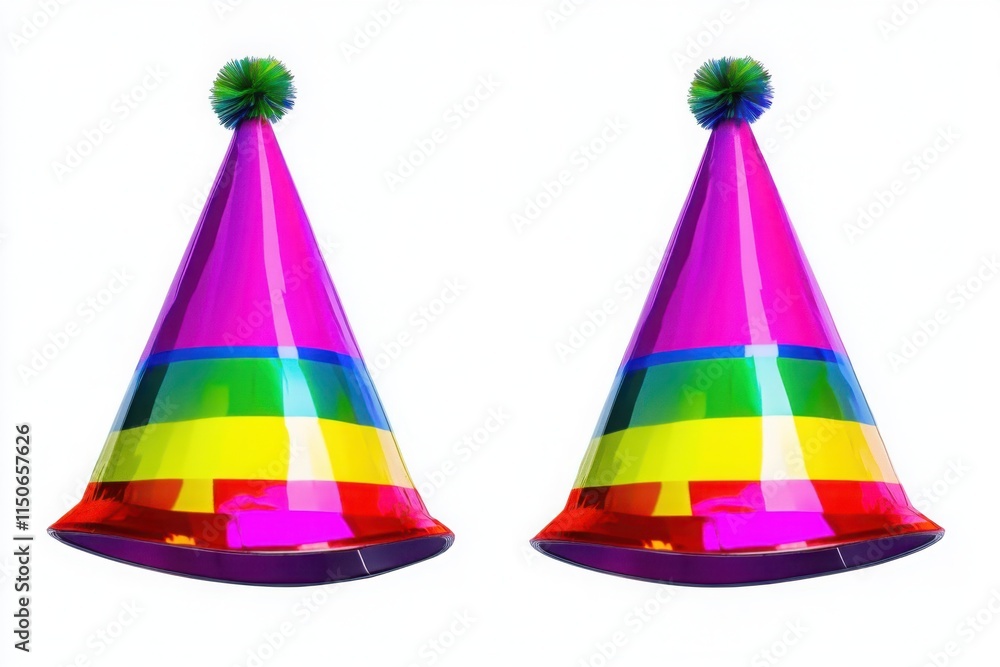 Bright rainbow-colored party hats with pom-poms on top, placed against a white background, ideal for festive and celebratory designs.
Bright rainbow-colored party hats with pom-poms on top, placed against a white background, ideal for festive and celebratory designs.