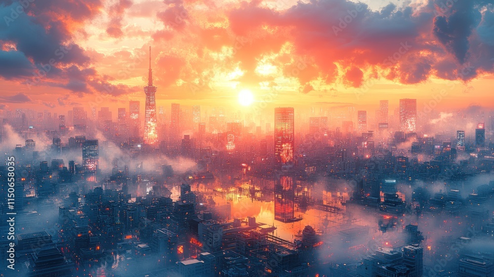 Fototapeta premium A vibrant sunset over a city skyline, reflecting on water with clouds and mist.