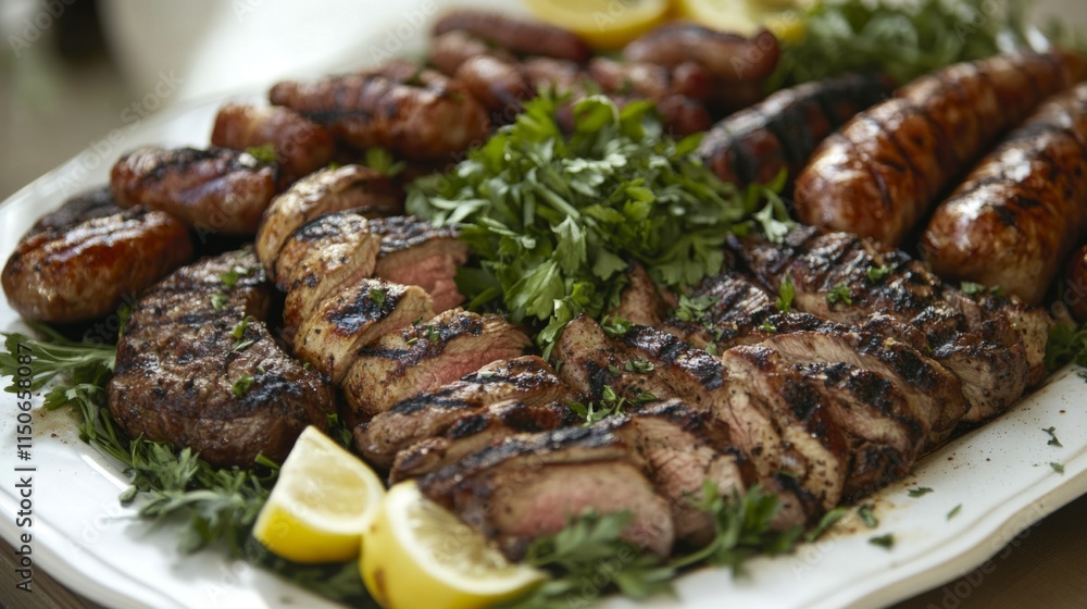 Grilled Meats and Sausages Served with Fresh Herbs and Lemon Wedges Grilled Meats and Sausages Served with Fresh Herbs and Lemon Wedges