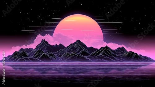 Retro Sunset Over Mountains and Serene Water photo