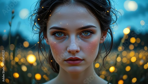 Close-up portrait of a young woman in a magical field with glowing fireflies and a dreamy expression on her face photo