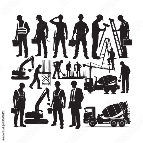 Black Color Construction workers silhouette design Vector Illustration, Solid White Background 9.eps