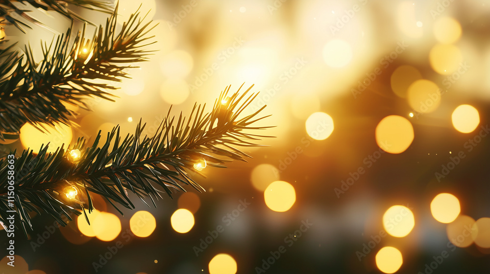 Pine Branch with Golden Bokeh Lights in Dreamy Holiday Scene Pine Branch with Golden Bokeh Lights in Dreamy Holiday Scene