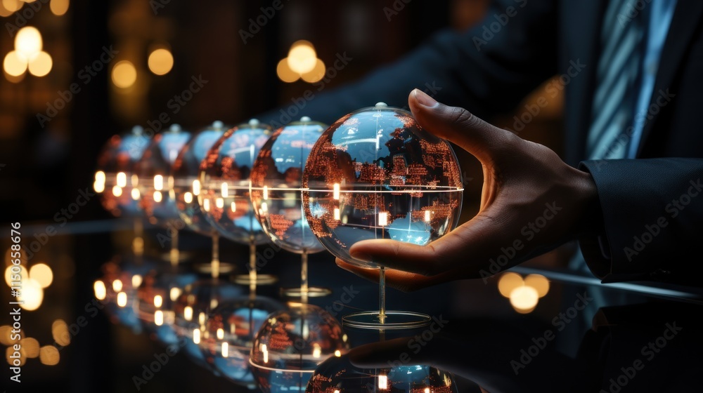Global Business Connections: A Hand Gently Holding Illuminated Globes, Representing Worldwide Network and Collaboration Global Business Connections: A Hand Gently Holding Illuminated Globes, Representing Worldwide Network and Collaboration
