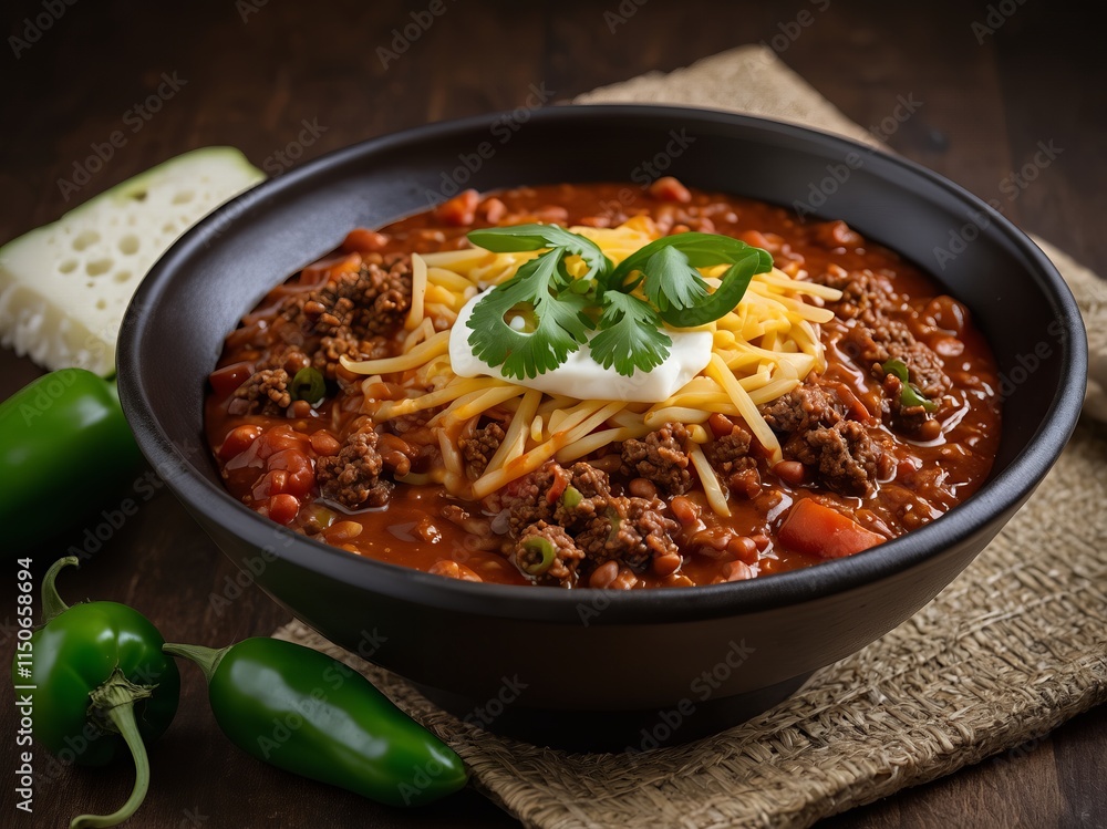 Sycące chili z mieloną wołowiną, serem i śmietaną w czarnej misce
Sycące chili z mieloną wołowiną, serem i śmietaną w czarnej misce
