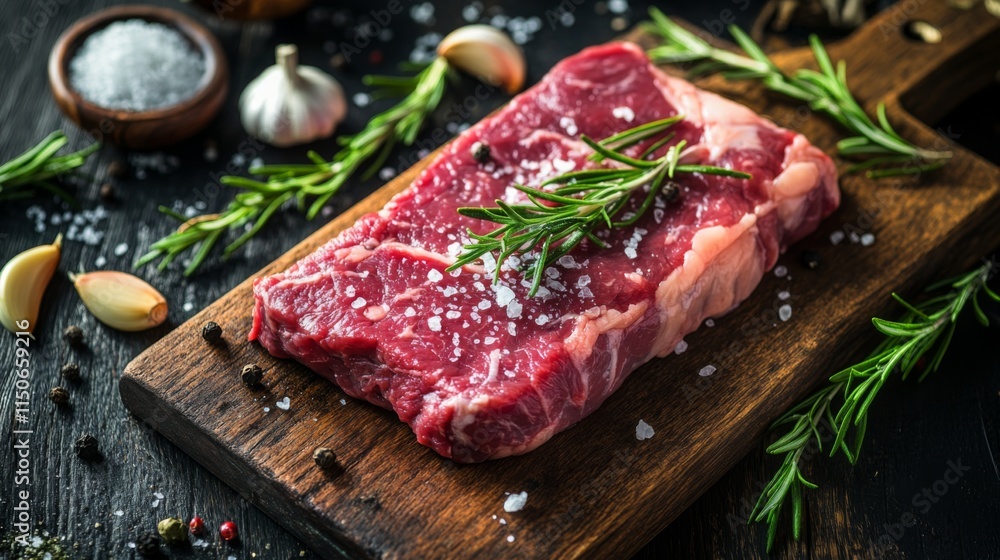 Fresh Raw Steak on Wooden Cutting Board with Herbs and Spices Fresh Raw Steak on Wooden Cutting Board with Herbs and Spices