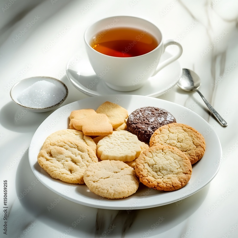 A neatly arranged plate of assorted cookies with a cup of tea, served on a minimalist white plate, Cookies centered A neatly arranged plate of assorted cookies with a cup of tea, served on a minimalist white plate, Cookies centered