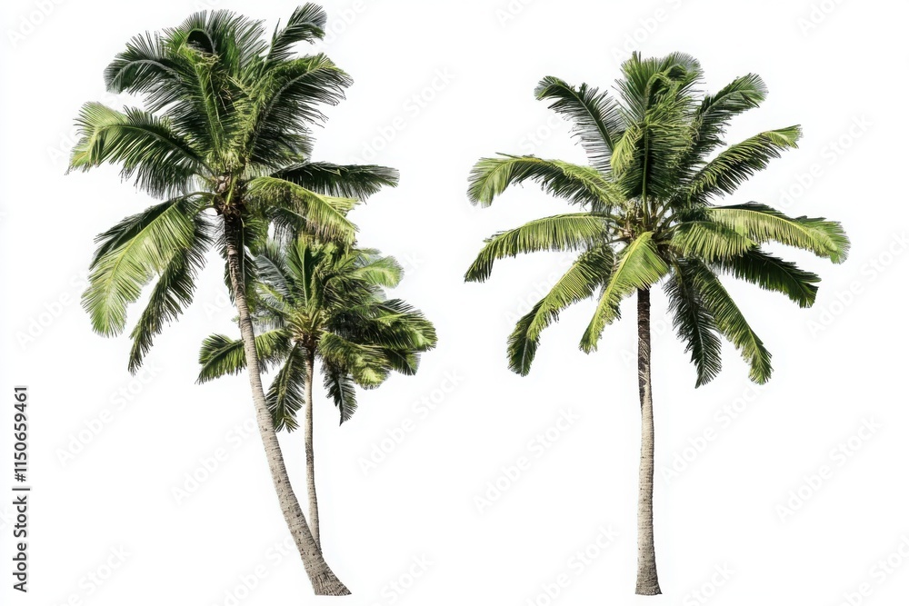 Fototapeta premium Coconut palm trees with lush green fronds on a white background, ideal for tropical themes, travel posters, and botanical designs