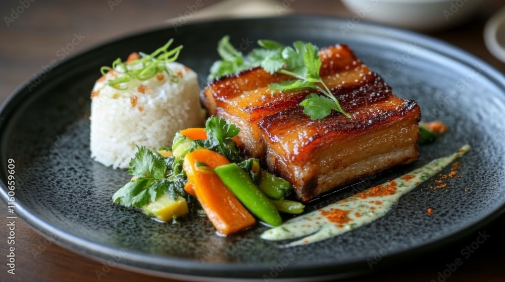 Delicious glazed pork belly with vegetables and rice on a plate Delicious glazed pork belly with vegetables and rice on a plate