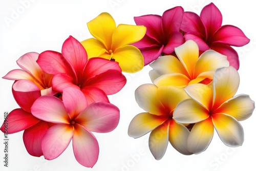 Frangipani flowers in vibrant pink, yellow, and white tones, ideal for tropical themes, spa designs, and floral decorations

