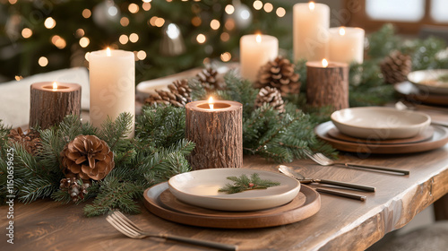 A rustic Christmas dinner table with wooden accents, greenery, and flickering candles, with a blurred background of sparkling decorations, giving a warm and inviting holiday ambian photo