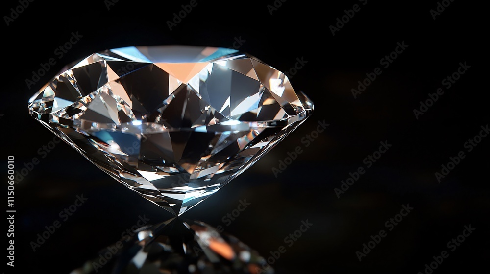 Realistic close-up of a natural diamond with clear, sparkling facets and high brilliance, lit with soft, against a black background Realistic close-up of a natural diamond with clear, sparkling facets and high brilliance, lit with soft, against a black background