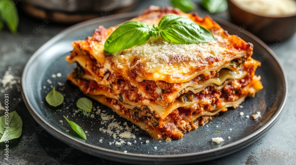 Delicious Layered Lasagna with Fresh Basil and Cheese on Plate Delicious Layered Lasagna with Fresh Basil and Cheese on Plate