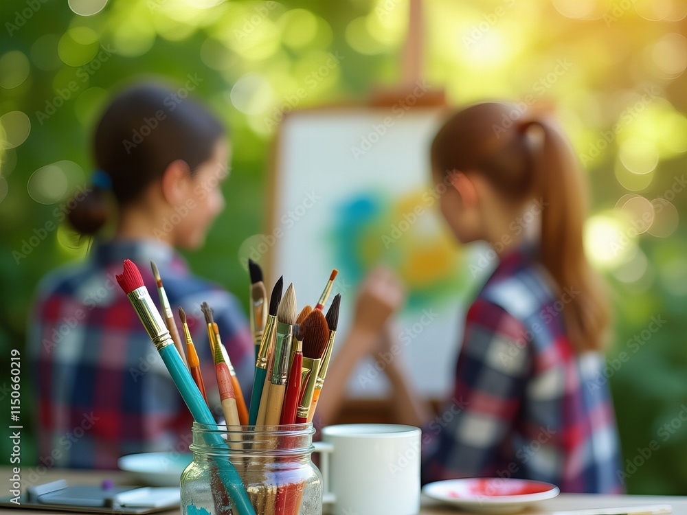 Artists Painting Outdoors with Focus on Brushes Artists Painting Outdoors with Focus on Brushes