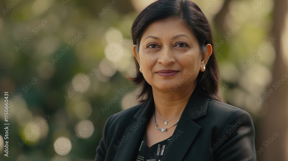South Asian woman smiles while conducting business outdoors, enjoying natural lighting and a vibrant atmosphere South Asian woman smiles while conducting business outdoors, enjoying natural lighting and a vibrant atmosphere