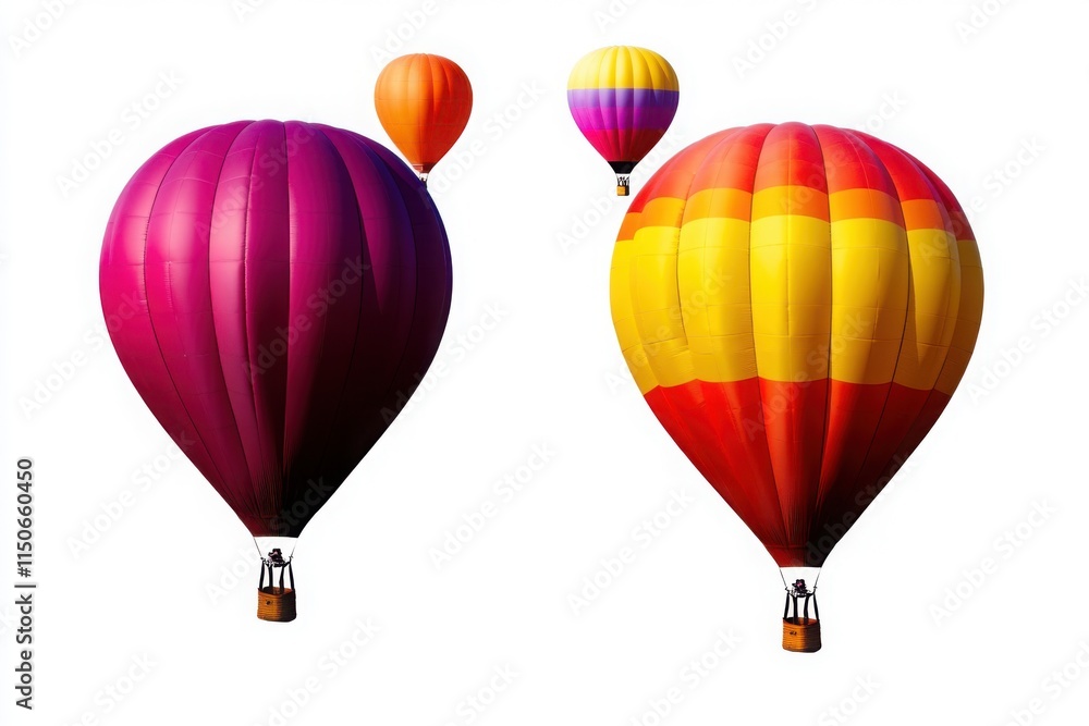 Fototapeta premium Hot air balloons in vibrant shades of purple, orange, and yellow floating against a white background, ideal for travel posters, adventure themes, and cheerful wallpapers
