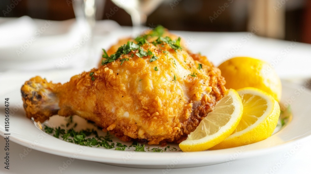 Crispy Fried Chicken Leg with Fresh Lemon and Herbs Garnish Crispy Fried Chicken Leg with Fresh Lemon and Herbs Garnish