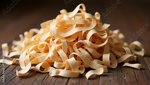 Stos świeżych makaronów tagliatelle na rustykalnej drewnianej powierzchni photo