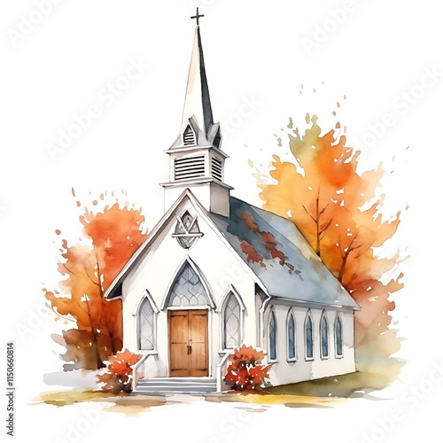 Watercolor painting of a church surrounded by autumn trees for all saints day photo