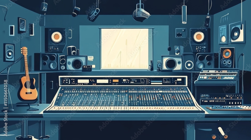 Music studio control room and singer booth behind glass. Vector cartoon interior with sound recording tools, guitar and synthesizer, audio mixer and microphone. Professional music workstation Music studio control room and singer booth behind glass. Vector cartoon interior with sound recording tools, guitar and synthesizer, audio mixer and microphone. Professional music workstation