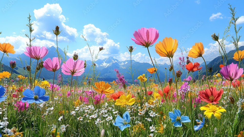 Wildflowers including cornflowers and cosmos blooming in a meadow with a clear blue sky and distant mountains, suitable for nature themes, travel posters, and scenic backgrounds
Wildflowers including cornflowers and cosmos blooming in a meadow with a clear blue sky and distant mountains, suitable for nature themes, travel posters, and scenic backgrounds