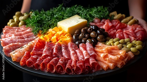 Delicious Charcuterie Board with Salami Cheese and Olives photo