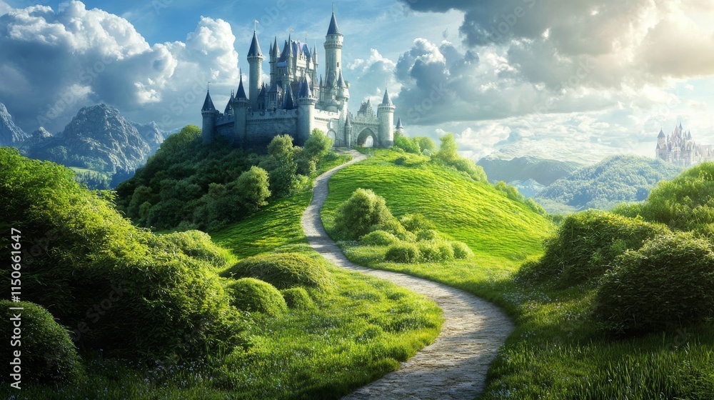 Obraz premium Road to fairy tale castle on hill. Vector cartoon illustration of summer landscape of fantasy kingdom with royal palace with towers. Medieval chateau on green fields with path and bushes