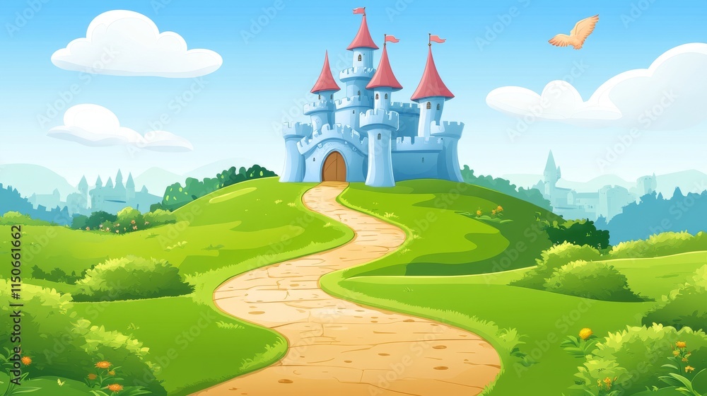 Naklejka premium Road to fairy tale castle on hill. Vector cartoon illustration of summer landscape of fantasy kingdom with royal palace with towers. Medieval chateau on green fields with path and bushes