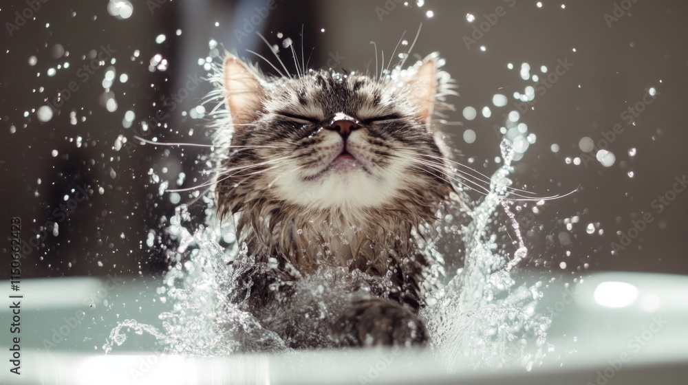 Happy Cat Playing in Water with Splashes and Joyful Expression Happy Cat Playing in Water with Splashes and Joyful Expression