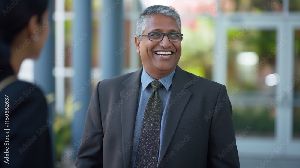 Fototapeta premium A smiling South Asian man discusses business with a colleague in a bright, inviting outdoor setting