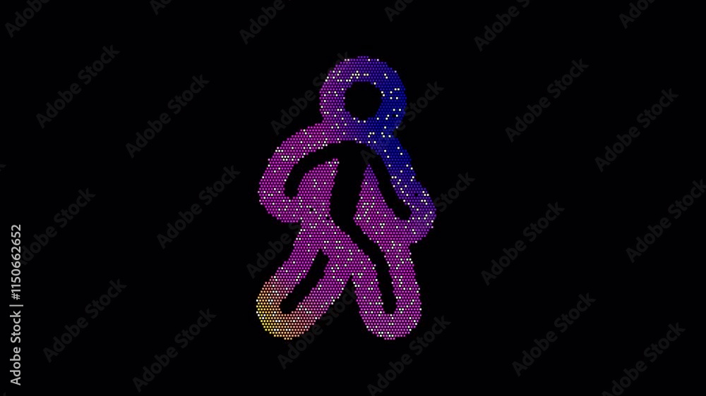 Icon walking is made up of LED square shapes that shimmer and flicker. There are black dead diodes. In-Out looped. Alpha BW at the end Icon walking is made up of LED square shapes that shimmer and flicker. There are black dead diodes. In-Out looped. Alpha BW at the end