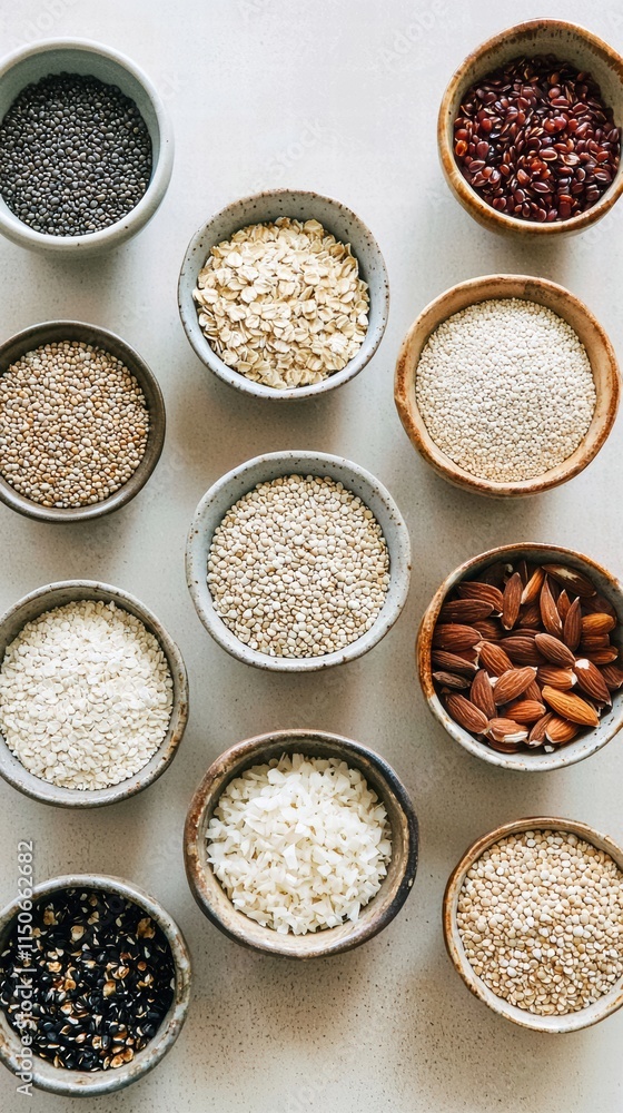 Whole grains collection in bowls on neutral surface flat lay Whole grains collection in bowls on neutral surface flat lay