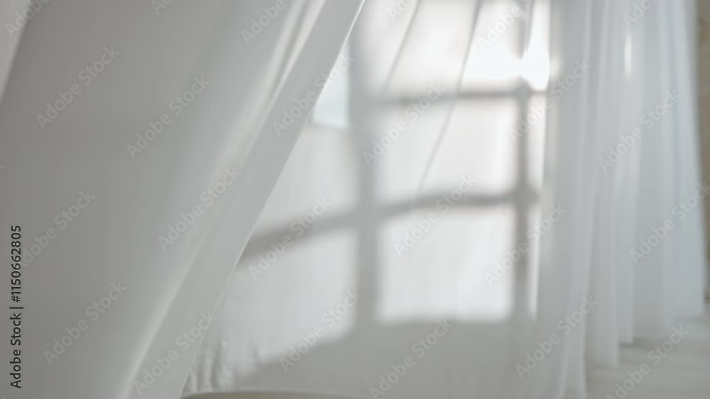 Transparent silk soft fabrics colored in blue purple neon light floating with shades shadows reflected on the textile, close up.