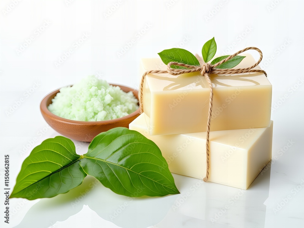 Obraz premium Naturalne mydła w kostce z zielonymi liśćmi i solami kąpielowymi na białym tle